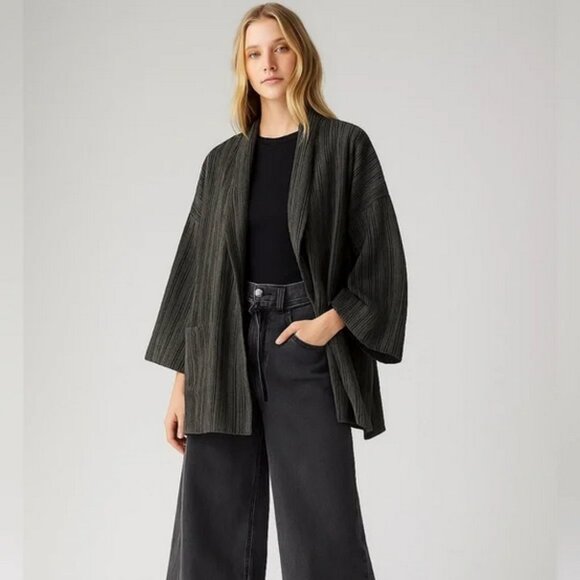 eskandar Sweaters - Eskandar Wool-Cashmere Oversized Jacket – Charcoal Stripe (Free Size)